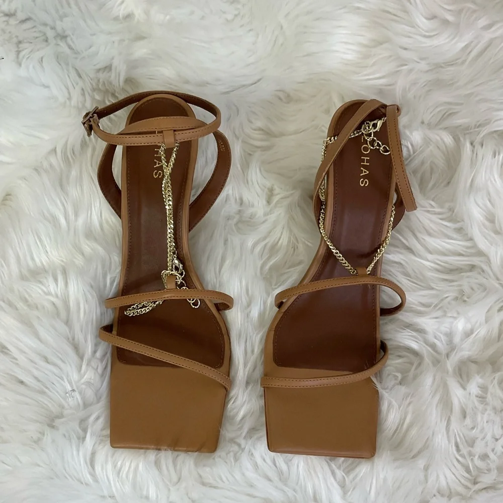 NEW REVOLVE Alohas Camel Chain Strap Leather Heeled Open Square Toe Sandals 8.5 - Picture 4 of 9